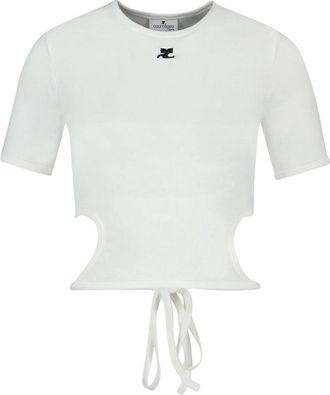 Courr&egrave;ges Womens Ribbon Cut-Out Contrast T-Shirt White Cotton