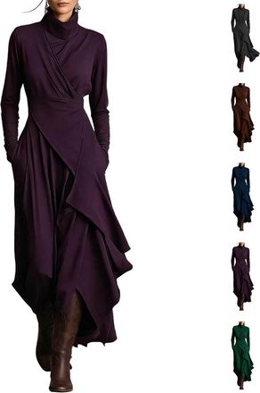 Generic Womens Elegant High-Neck Asymmetrical Maxi Dress, Long Sleeve Stretch Knit Ruffle Asymmetrical Dress (Purple,L)