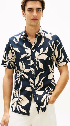 Tommy Hilfiger Mens Tommy Hilfiger Linen Blend Flower Print Mens Short Sleeve Shirt - Dark Night Navy/Allover - Dark Night Navy Allover - Size: 40/Regular