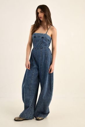 NASTY GAL Womens Strappy Seam Detail Wide Leg Denim Jumpsuit - Blue - Size 12 UK