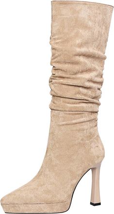 Generic High Boots Women Faux Suede Stiletto 11.5CM Lift Pleated Knee-high Fashion Long Tall Boots Fashion Long Tall Winter (Khaki,7.5)