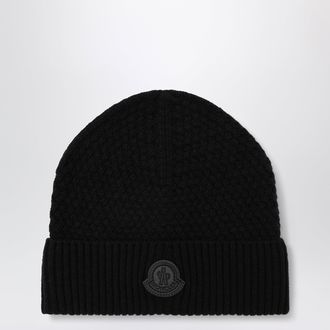 Moncler Berretto nero in lana con patch logo