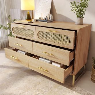 Matteo Rattan Sideboard Storage Cabinet with 6 Drawers, Cupboard Sideboards in Light Oak