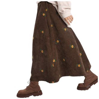 Generic Corduroy Floral Embroidery Long Skirts for Women A-Line Elastic Waist Cottagecore Floral Embroidery Fall Boho Maxi Skirts Vintage Elastic High Waist R