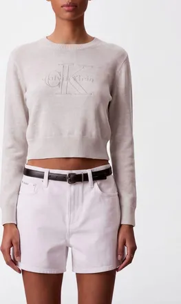 Calvin Klein Maglia girocollo in cotone con logo ricamato e bordi a costine