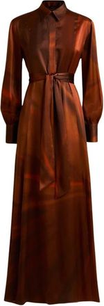 Kiton Zijden overhemdjurk met aquarelprint - Dames - Maxi kleedjes - Bruin - XS - Kleedjes