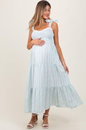 Pinkblush Floral Striped Smocked Shoulder Tie Maxi Dress in Blue at Nordstrom, Size Medium