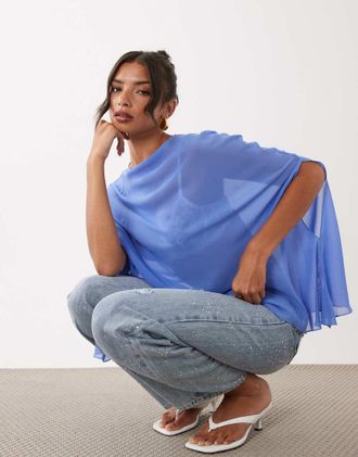 Lioness Aura - Top poncho in chiffon con scollo a barchetta e maniche a mantella blu cielo