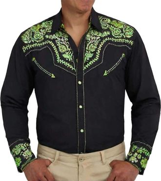 Generic Mens Retro Long Sleeve Shirts Western Print Cowboy Shirts for Men Casual Button Down Long Sleeve Shirt Floral Print Retro Shirt (Light Green-2, L)