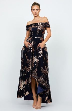 Bariano Jessie Off Shoulder Mesh Ball Gown in Rose Gold/navy at Nordstrom, Size 10