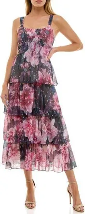 Socialite Floral Print Tiered Dress in Black/Pink Floral at Nordstrom Rack, Size X-Large