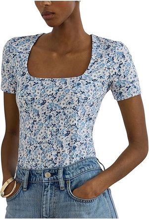 Lauren Ralph Lauren Floral Cotton Jersey Square-Neck Top Womens Clothing White/Blue : SM