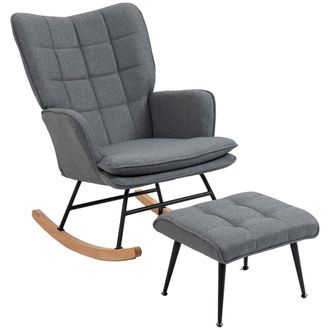 OEM Sedia A Dondolo Con Pouf In Tessuto Effetto Lino E Legno Con Cuscino, Braccioli, Capacit&agrave; 130 Kg, Grigio