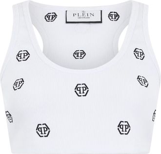 Philipp Plein Ribbed Mini Tank Top Monogram - Dames - Tops zonder mouwen - Wit - XS - Katoen - Tops
