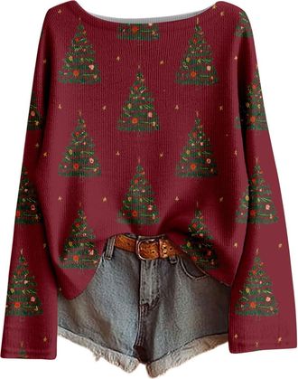 Generic Christmas Jumper 2025 Xmas Tree Printed Ladies Tops Long Sleeves Crew Neck Knitted Jumpers Soft Comfortable Xmas Pullover Sweatshirt Warm Oversized Ch