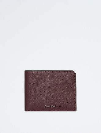 Calvin Klein Mens Saffiano Leather Card Case Bifold Wallet - Brown