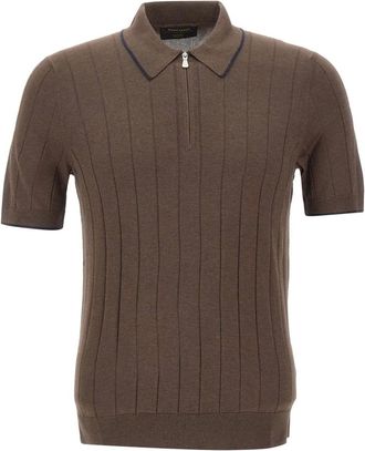 Gran Sasso Tops, Heren, Bruin, S, Ribbed Zip Knit Polo