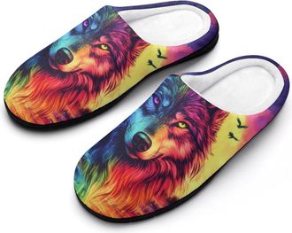 Generic Colorful Wolf Mens House Slippers Memory Foam Washable Cotton Slip on Home Shoes