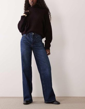 Vila Freya jeans a vita alta a gamba larga lavaggio denim blu scuro
