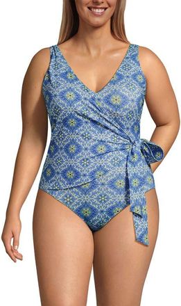 Lands End Plus Size Side Tie Wrap One Piece Swimsuit in Lake Blue/egret Geo Floral at Nordstrom, Size 18W