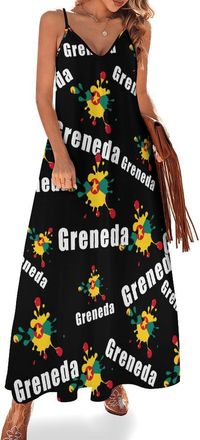 Generic Flag of Grenada Womens Casual Maxi Dress Strappy V Neck Sleeveless Spaghetti Strap 2XL