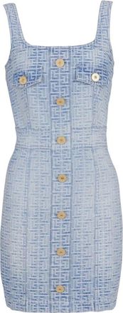 Balmain Short Dresses, female, Blue, M, Monogrammed Short Denim Dress