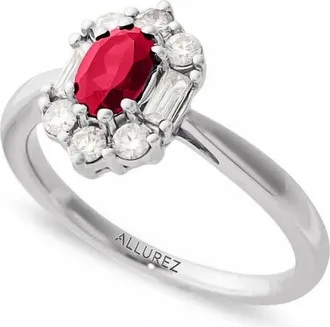 Allurez Oval Lab Ruby & Diamond Halo Ring 14K in 1Ct/white Gold at Nordstrom, Size 9.5