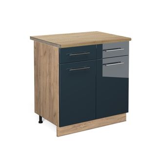 Vicco Mueble Bajo De Cocina Fame-line, Azul Oscuro Alto Brillo, 80 Cm, Et Roble