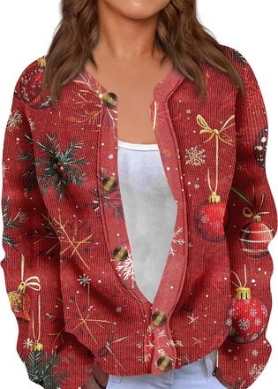Generic Womens Christmas Jumpers Cardigan with Festive Reindeer Snowman Print Loose Fit Plus Size Funny Novelty Holiday Graphic Sweater Lightweight Chunky Cab