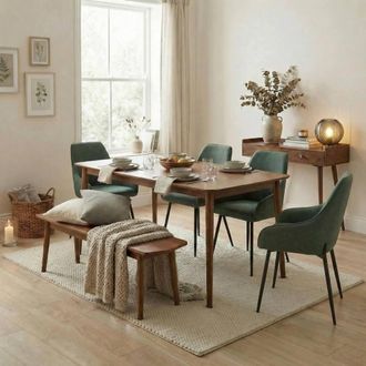 Furniturebox Lynton Large Walnut Effect Wood Dining Table & 4 Green Chairs & Bench