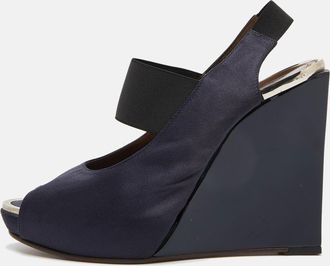 Marni Navy Blue Satin Slingback Wedge Sandals