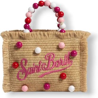 MC2 Saint Barth Rectangular Woven Tote With Fringed Edges And Colorful Bead Accents