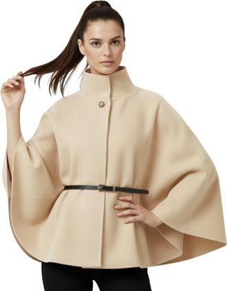 Janisramone Italian Belted Poncho Women, Elegant Open Front Button Cape Winter Coat, Stylish High Polo Neck Womens Jacket, Warm Oversized Cardigan Coats for Women