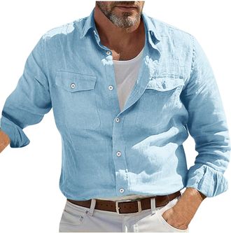 Generic Mens Casual Cotton Shirt Long Sleeve Button Down Shrink Free Regular Fit Solid Shirts Linen Tops Mens Linen Solid Henley Shirt Casual Work Sports Summ