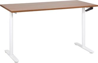 Beliani Escritorio De Altura Regulable Manualmente Oficina Moderna Patas Redondas 160 X 72 Cm Tablero Madera Oscura Soporte De Acero Blanco Destinas
