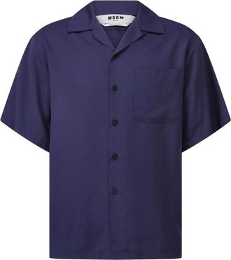 Msgm Satin Oversized Bowling Shirt - Heren - Korte mouwen Overhemden - Blauw - 2XL - Satijn - Overhemden