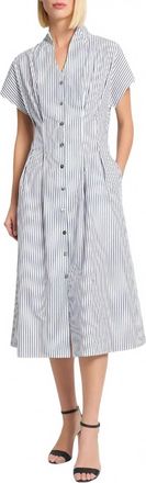 Ming Wang Cotton Pinstripe Stand Collar Short Sleeve Midi Dress In Black And White