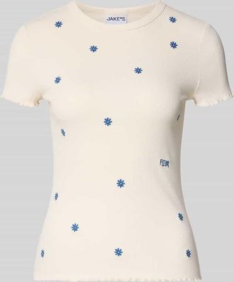 Jake*s Casual T-Shirt in Ripp-Optik mit Stitchings in Beige, Gr&ouml;&szlig;e XXL