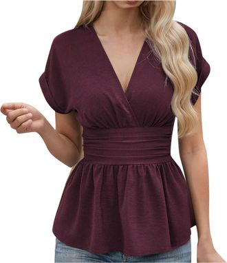 Generic Womens Elegant Peplum Tops Ruffle Trim Wrap V Neck Short Sleeve Summer Blouses Ladies Work Business Flowy Top Shirts/UK Size/Shipping 7 Days Wine