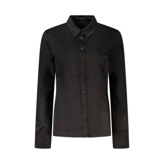 Guess Overhemden, Dames, Zwart, M, Katoen, Zwarte katoenen overhemd met Italiaanse kraag