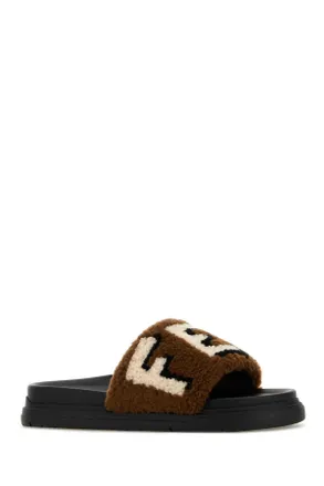 Fendi Mens Multicolor Shearling Slippers Brown Flat Shoes