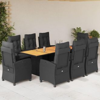 vidaXL Set De Comedor De Jard&iacute;n 9 Pzas Y Cojines Rat&aacute;n Sint&eacute;tico Negro Vidaxl