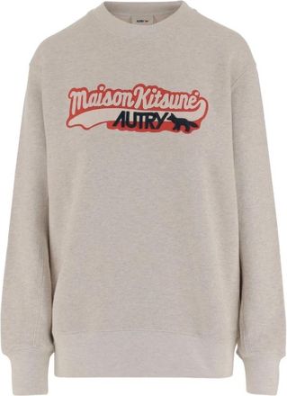 Maison Kitsun&eacute; Ivoor Sweater met Grijs Appliqu&eacute; Logo - Heren - Sweatshirts - Beige - XL - Hoodies & sweatvesten