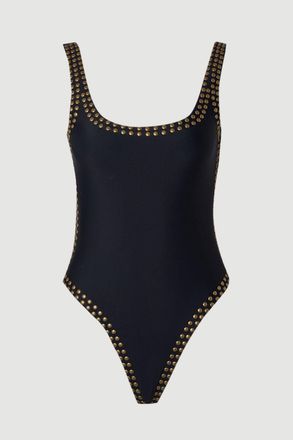 Karen Millen Womens Bronze Studded High Leg Swimsuit - Black Nylon - Size X-Small