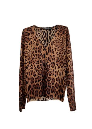 Dolce & Gabbana Leopard Printed Fine Wool V-Neck Jumper Size 42