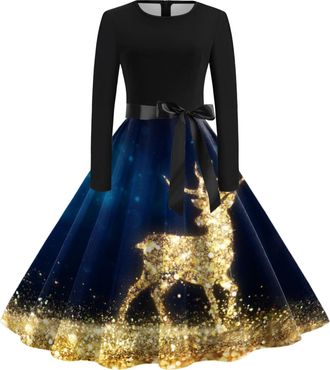 Generic Christmas Dresses for Women UK A Line Swing Dress Christmas Outfits Fancy Cute Xmas Printed Dresses Party Cocktail Midi Skater Dress for Chirstmas Par