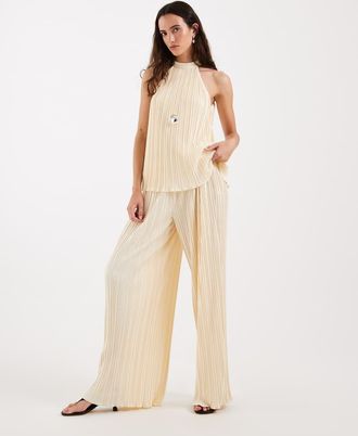 4th & Reckless Pantaloni pliss&eacute; a fondo ampio giallo limone in coordinato