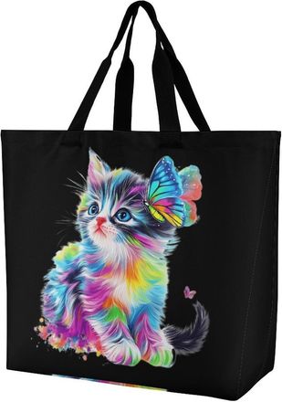 Generic Colorful Cat with Butterfly Reusable Shopping Bags One Shoulder Grocery Tote Bag Waterproof Big Purse for Work Travel