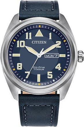 Citizen Titanium Leather Strap Watch, 42mm in Blue at Nordstrom Rack