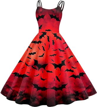 Generic Halloween Dress for Women Sleeveless Gothic Dress Women Rockabilly Retro 1950s Spaghetti Strap Swing A-Line Dresses Cocktail Party Evening Prom Gown H